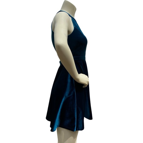 ALTAR’D STATE Deep Teal Blue Velvet Sleeveless Halter Cut Out Pleated Mini Dress - Picture 6 of 16